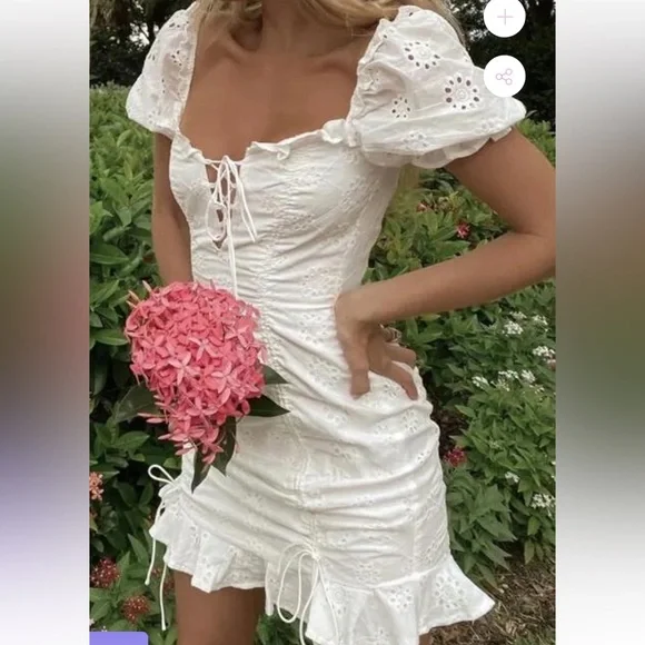 NWT SELFIE LESLIE La Quinta White Eyelet Lace Ruched Mini Dress w Puff Sleeves - Picture 2 of 16